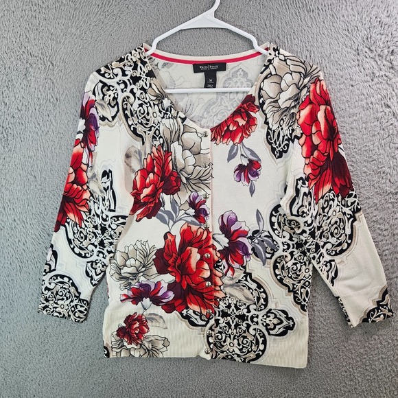 White House Black Market Cardigan Women‎ Medium Snap Button Geometric Red Black - Picture 1 of 9